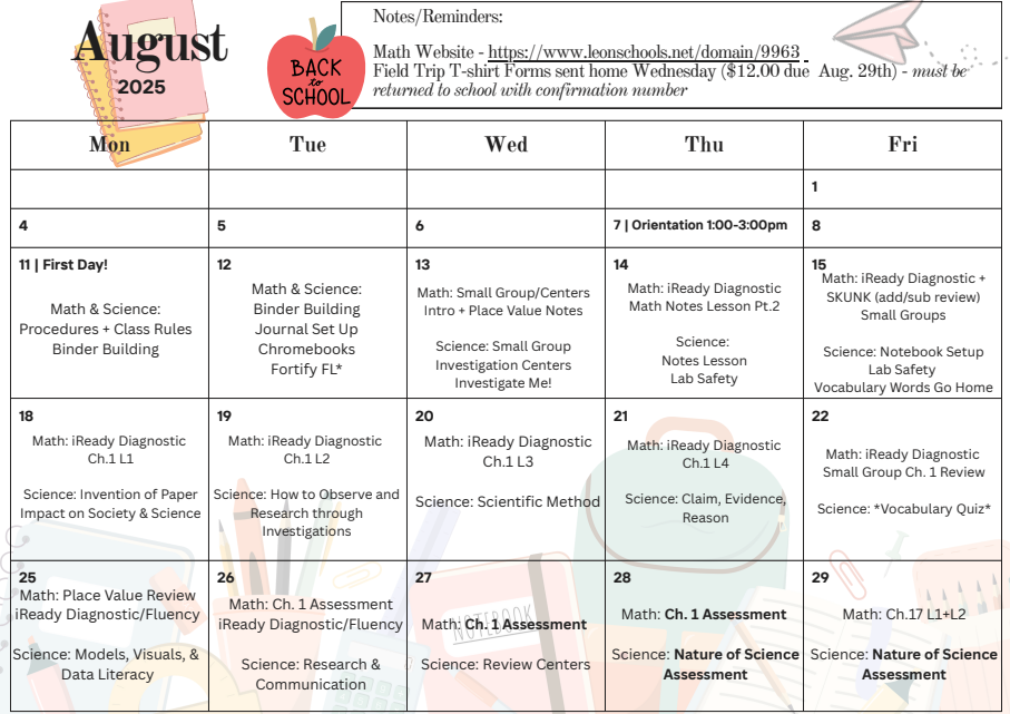 August Math and Science Calendar
